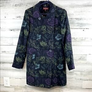 Merona Floral Boho Hippie Tapestry Trench Coat Women’s Size Medium Wool Blend